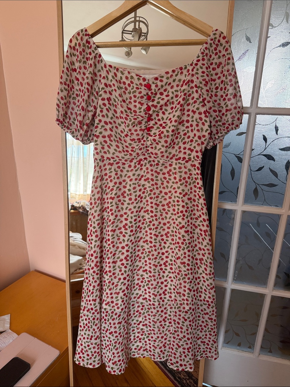 Nini White Midi Dress with Red Cherry Print
